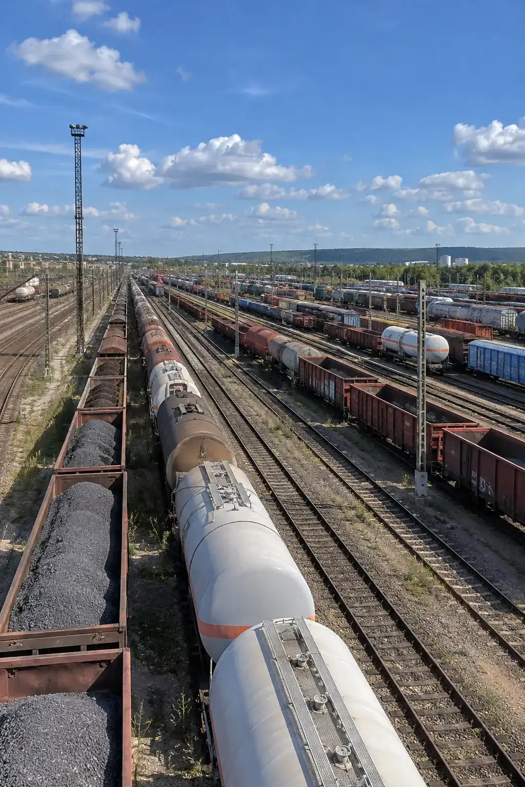 Une immense gare de triage vue d’un pont, des dizaines de voies parallèles et des wagons de fret, ciel bleu à cumulus