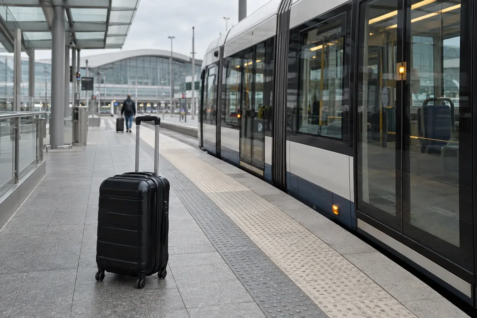 Une valise à roulettes posée sur un quai de tramway moderne, par un matin couvert