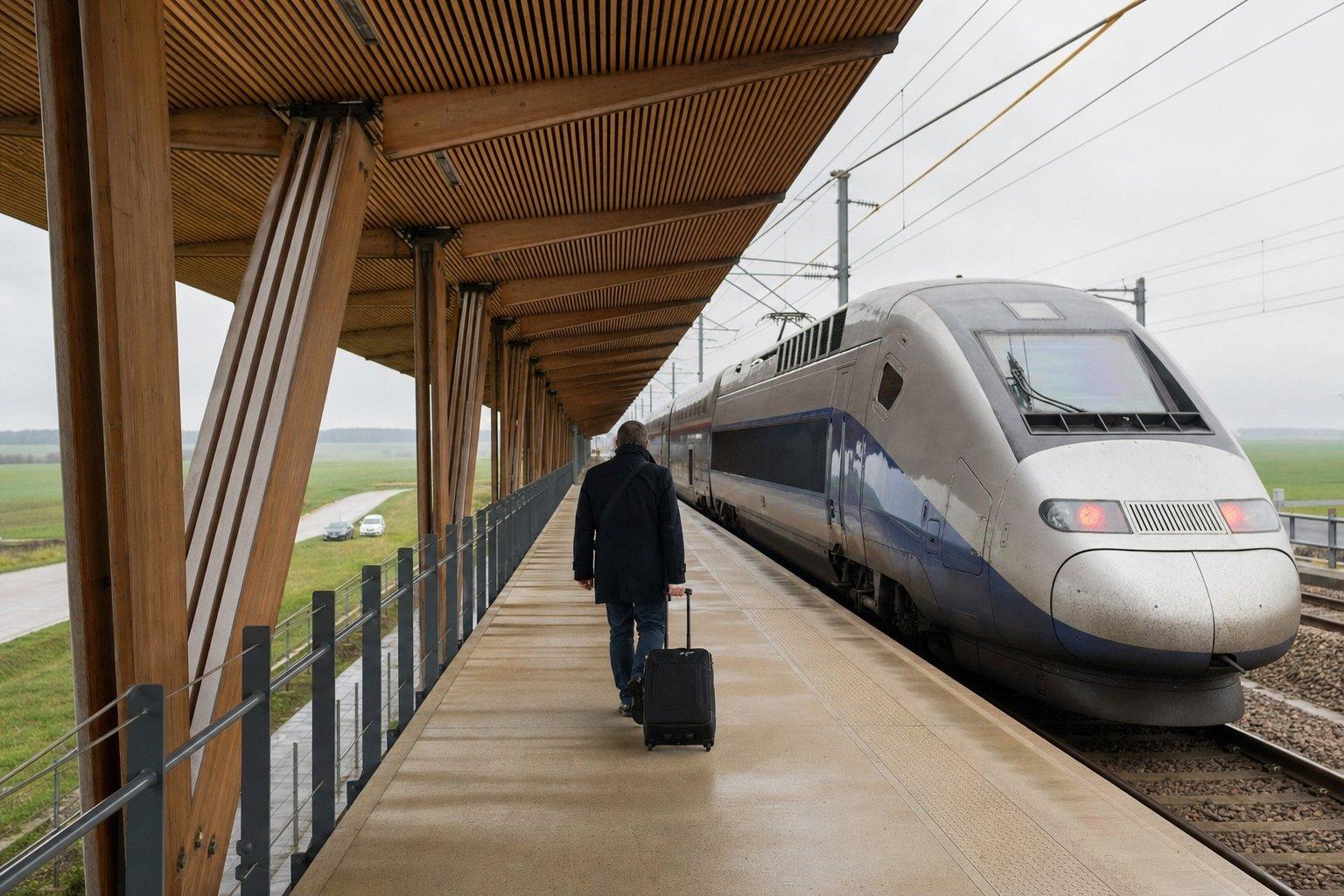 Aller de Metz à la gare Lorraine TGV : un TGV à quai sous la longue toiture de bois de la gare, au milieu des champs