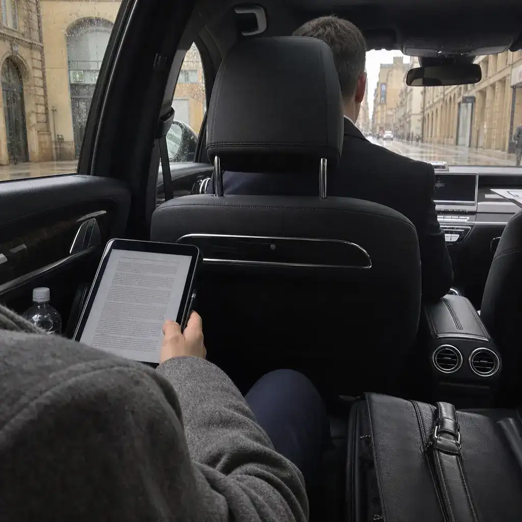 Un passager en manteau gris lit un document sur une tablette, assis à l’arrière d’une berline noire ; au pare-brise, une rue de Metz sous la pluie