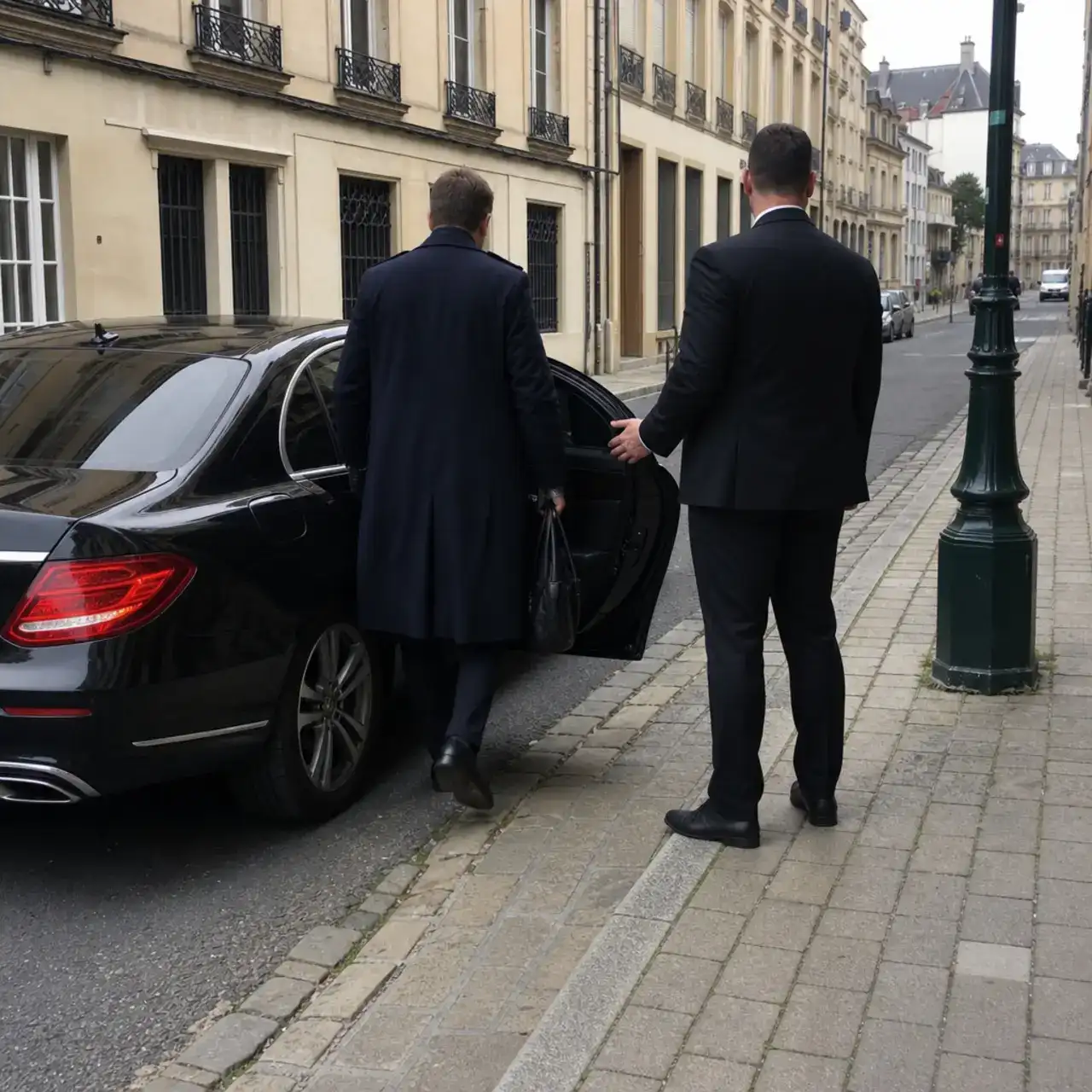 Un chauffeur privé en costume sombre tient la portière arrière d’une berline noire pour un passager en manteau bleu marine, dans une rue de pierre claire du centre de Metz