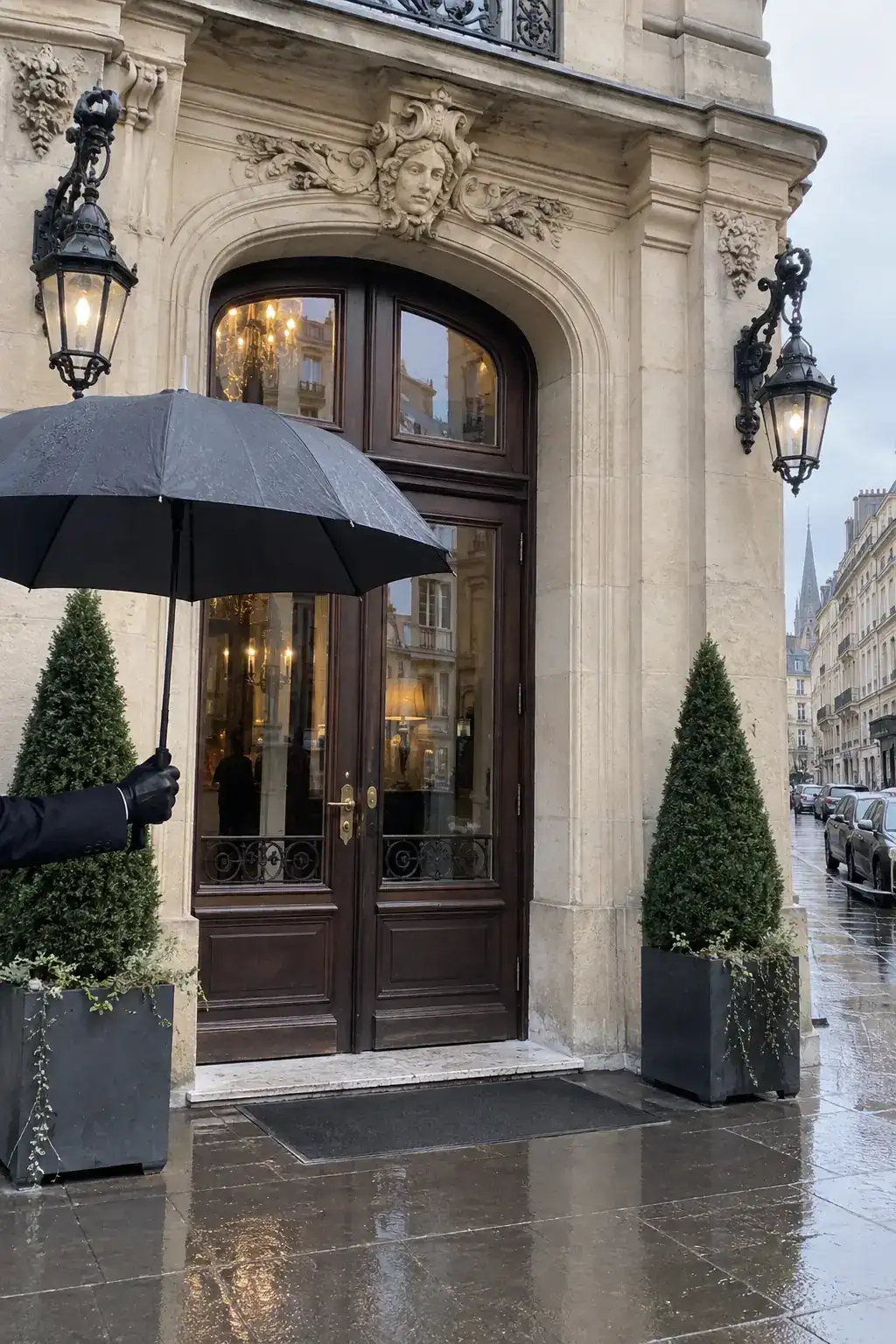 Entrée d’un hôtel en pierre claire après une averse, une main gantée tient un parapluie noir ouvert près de la porte