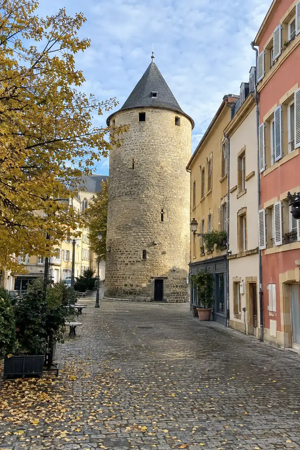 Une tour médiévale ronde en pierre au bout d’une rue pavée bordée de façades colorées, matinée d’automne